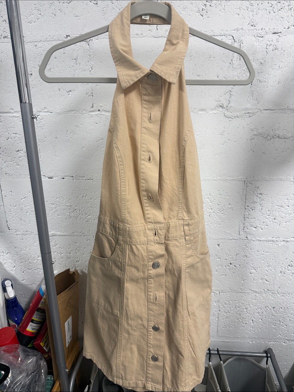 SIGNATURE8 Tan Denim Button Down Halter Dress - Pockets LIKE NEW - Size Small
